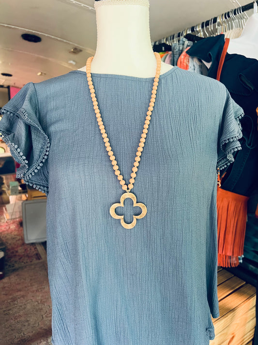 Gold Trefoil pendant necklace wood bead