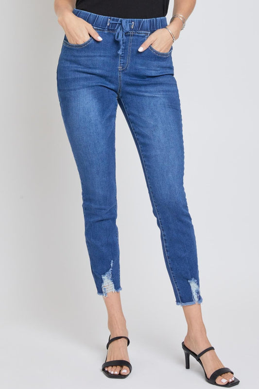 Skinny Distressed Denim jogger style waistband Medium wash