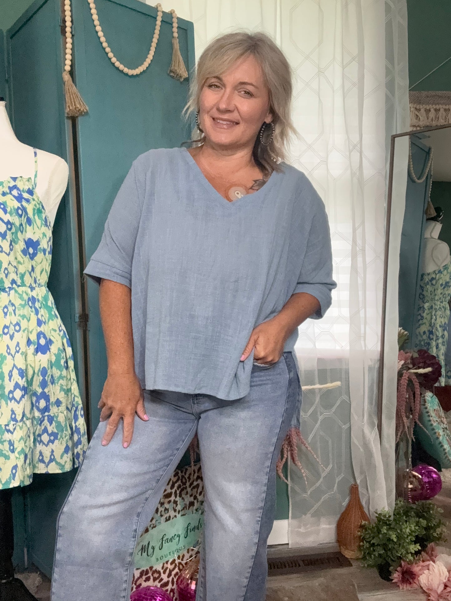 Soft Skies Powder Blue V-Neck – Relaxed Fit & Linen Texture