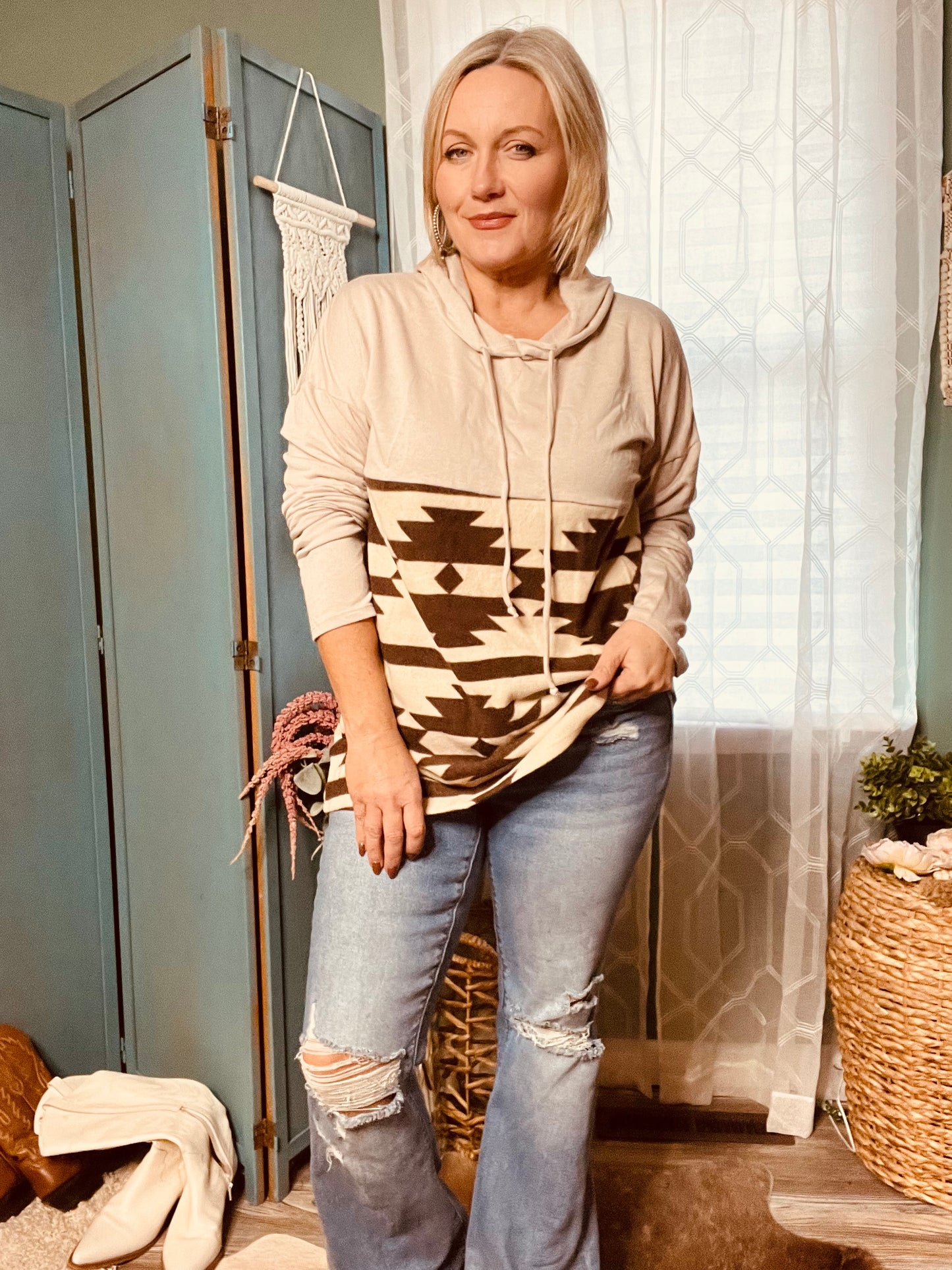 Tan Aztec print hoodie