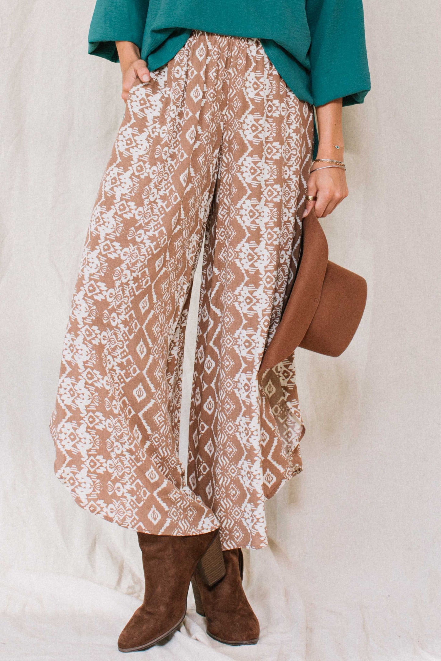 Wander & Flow Mocha Geo Print Gauze Pants – Wide Leg Fit