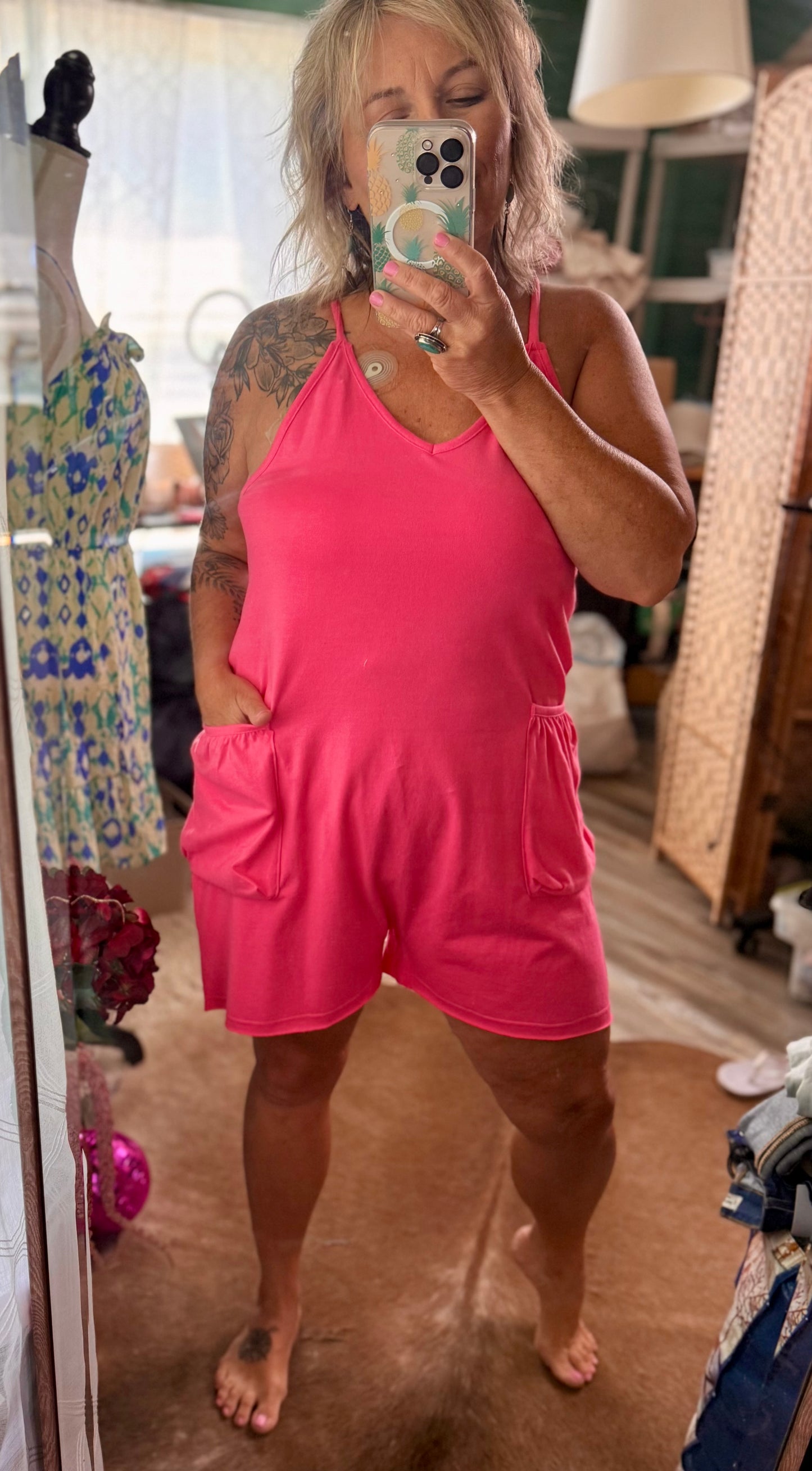 Bright Side Babe Fuchsia Romper with Pockets