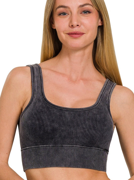 Essential Ribbed Brami – Black Washed Seamless with Bra Pads