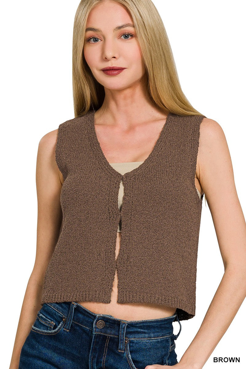 Rustic Charm – Brown Hook & Eye Knit Sweater Vest