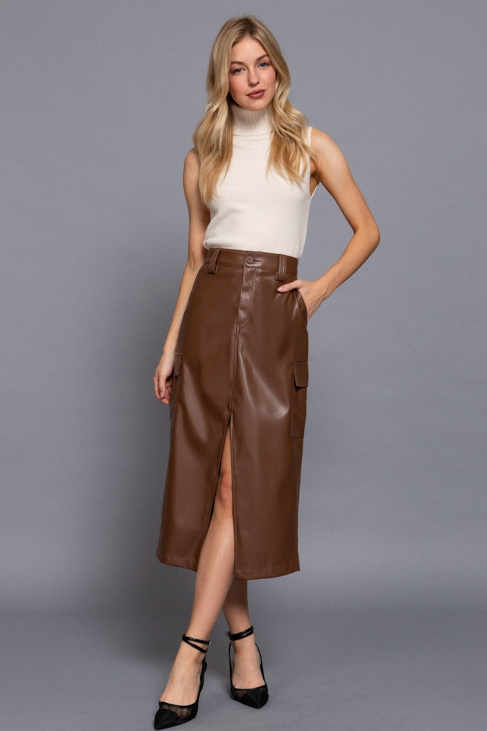 Hazel Brown Faux leather cargo skirt