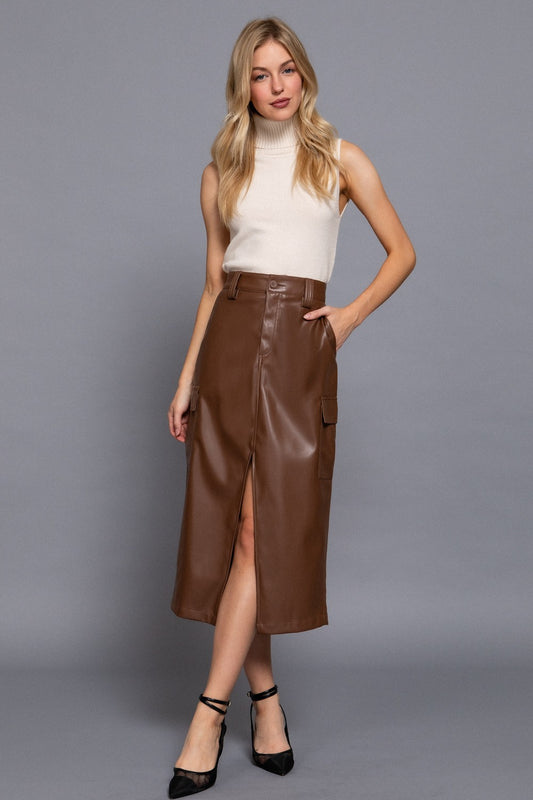 Hazel Brown Faux leather cargo skirt