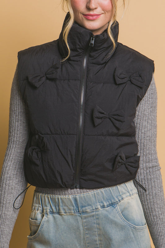 Black Puffer Vest with Stylish Coquette Bow Detail