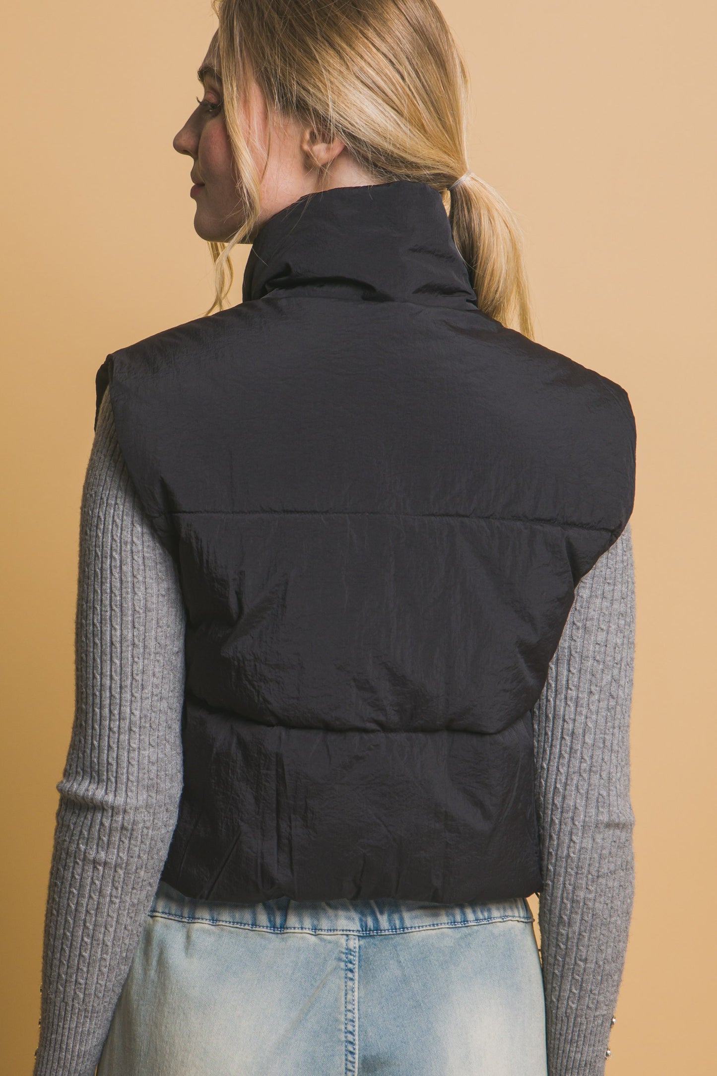 Black Puffer Vest with Stylish Coquette Bow Detail