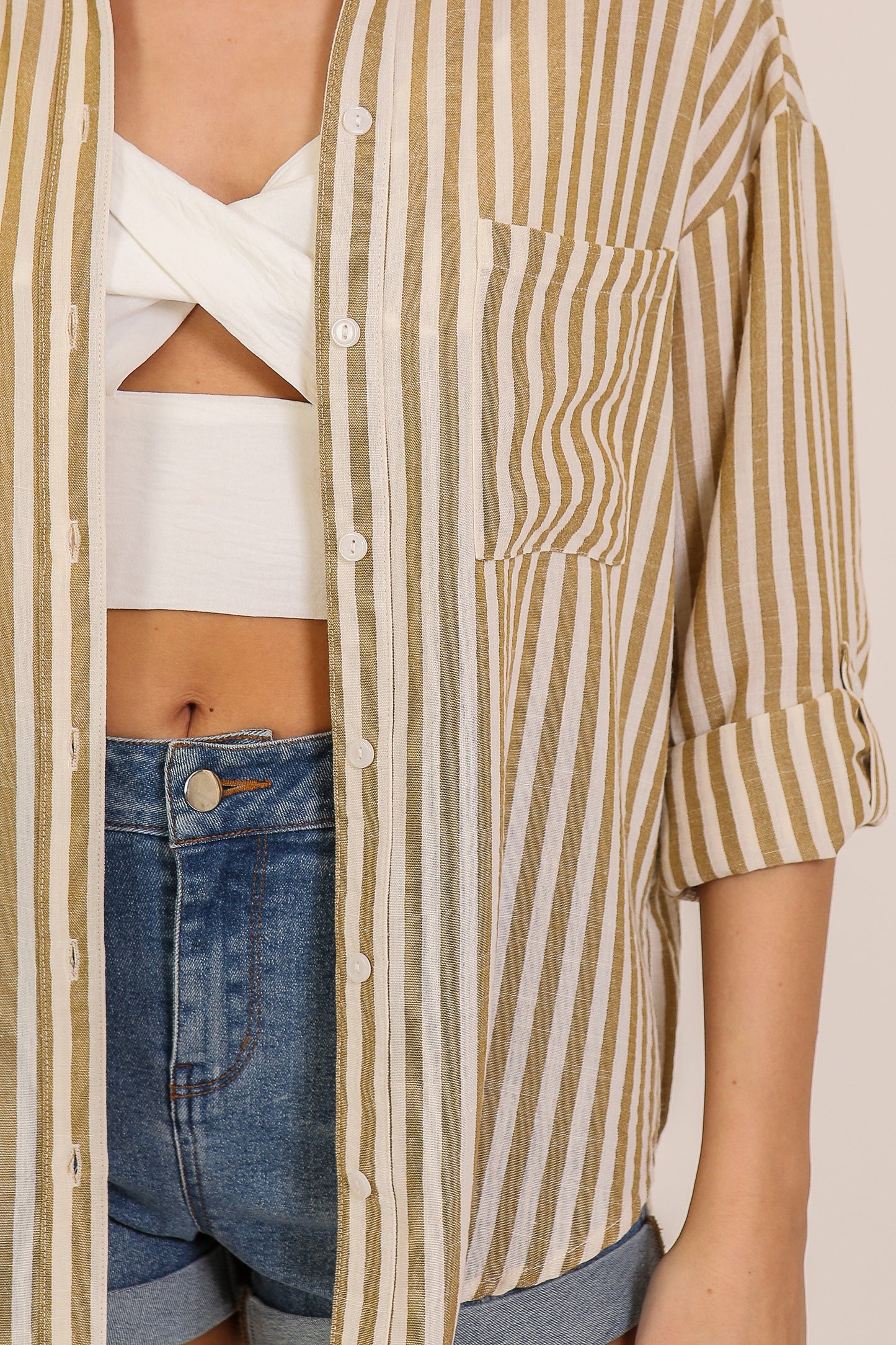 Coastal Cool Roll Sleeve Button-Down – Taupe Neutral Tones