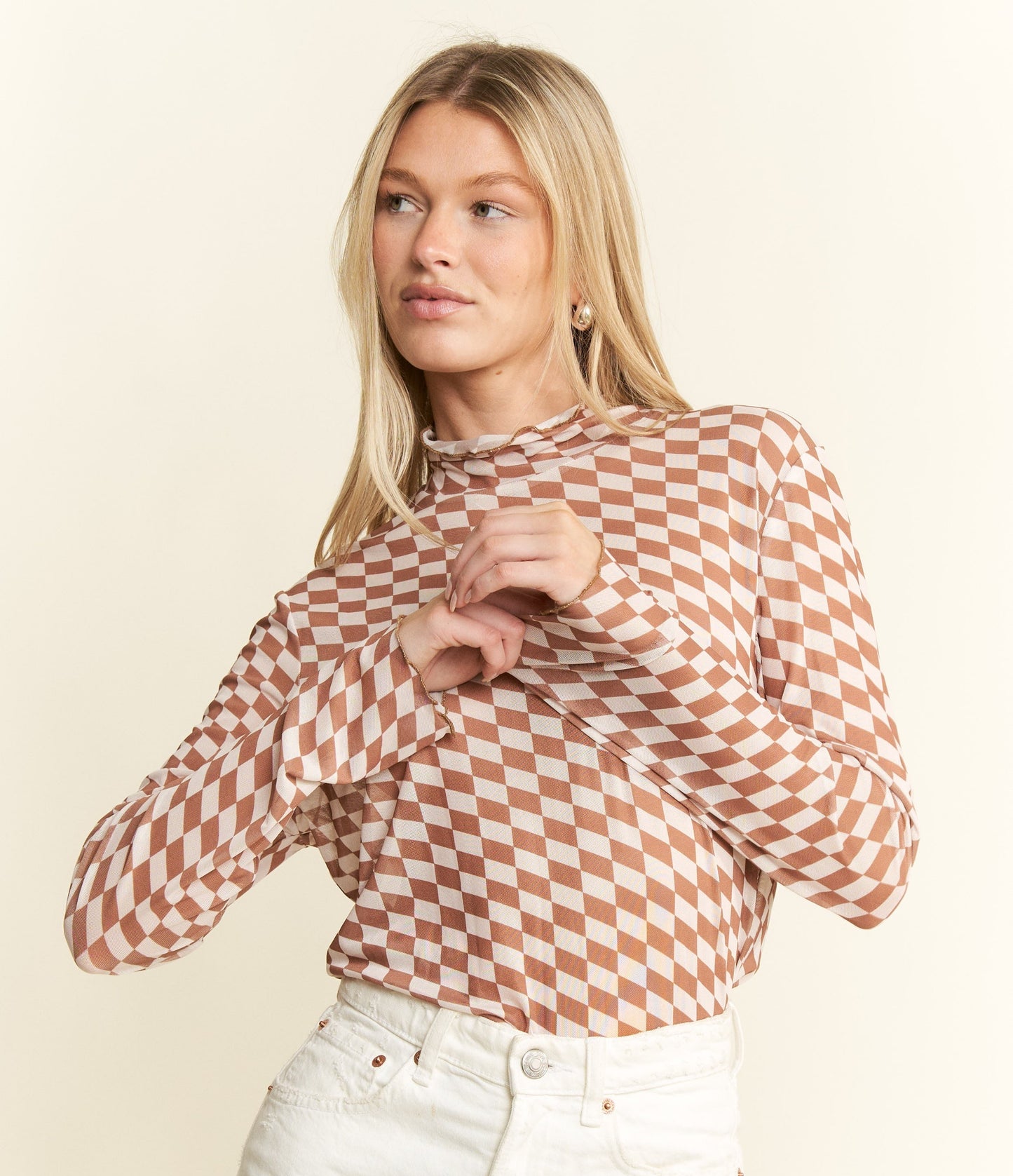 Check Me Out – Taupe & Beige Sheer Mesh Long Sleeve Top