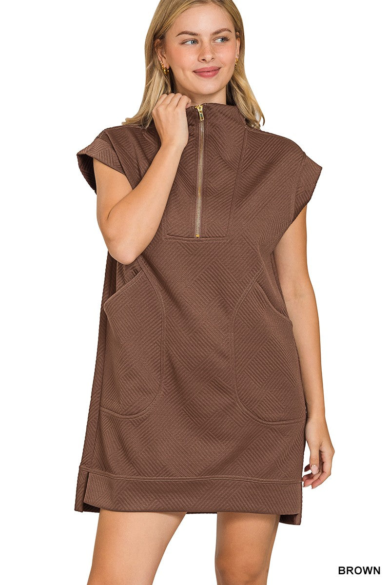 Off Duty Luxe – Brown Textured Knit Jacquard Quarter Zip Mini Dress