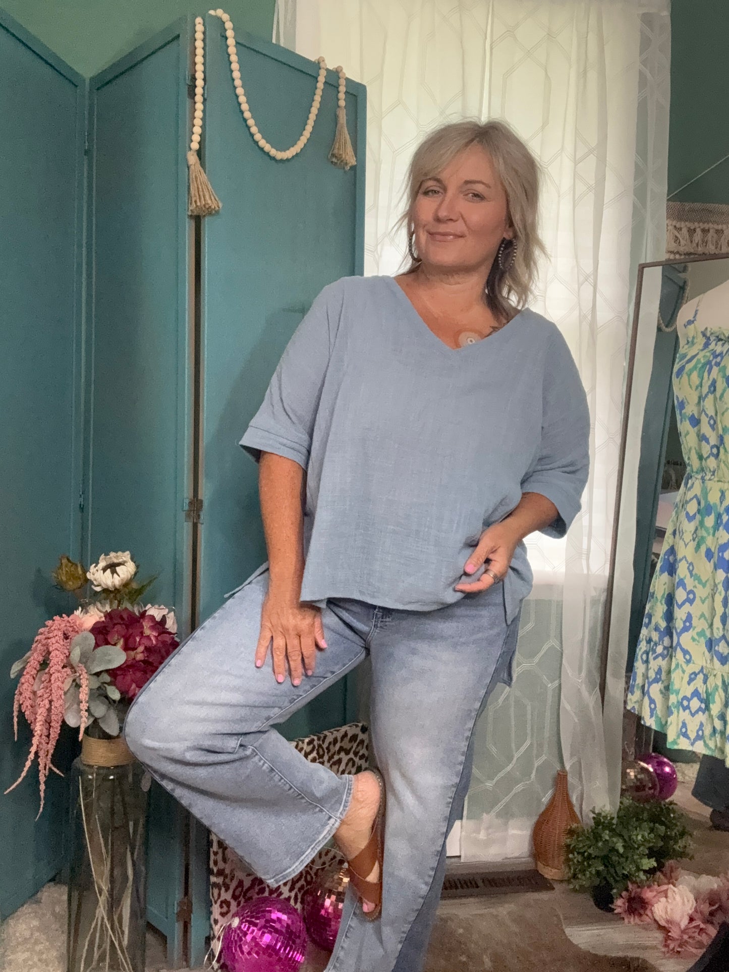 Soft Skies Powder Blue V-Neck – Relaxed Fit & Linen Texture
