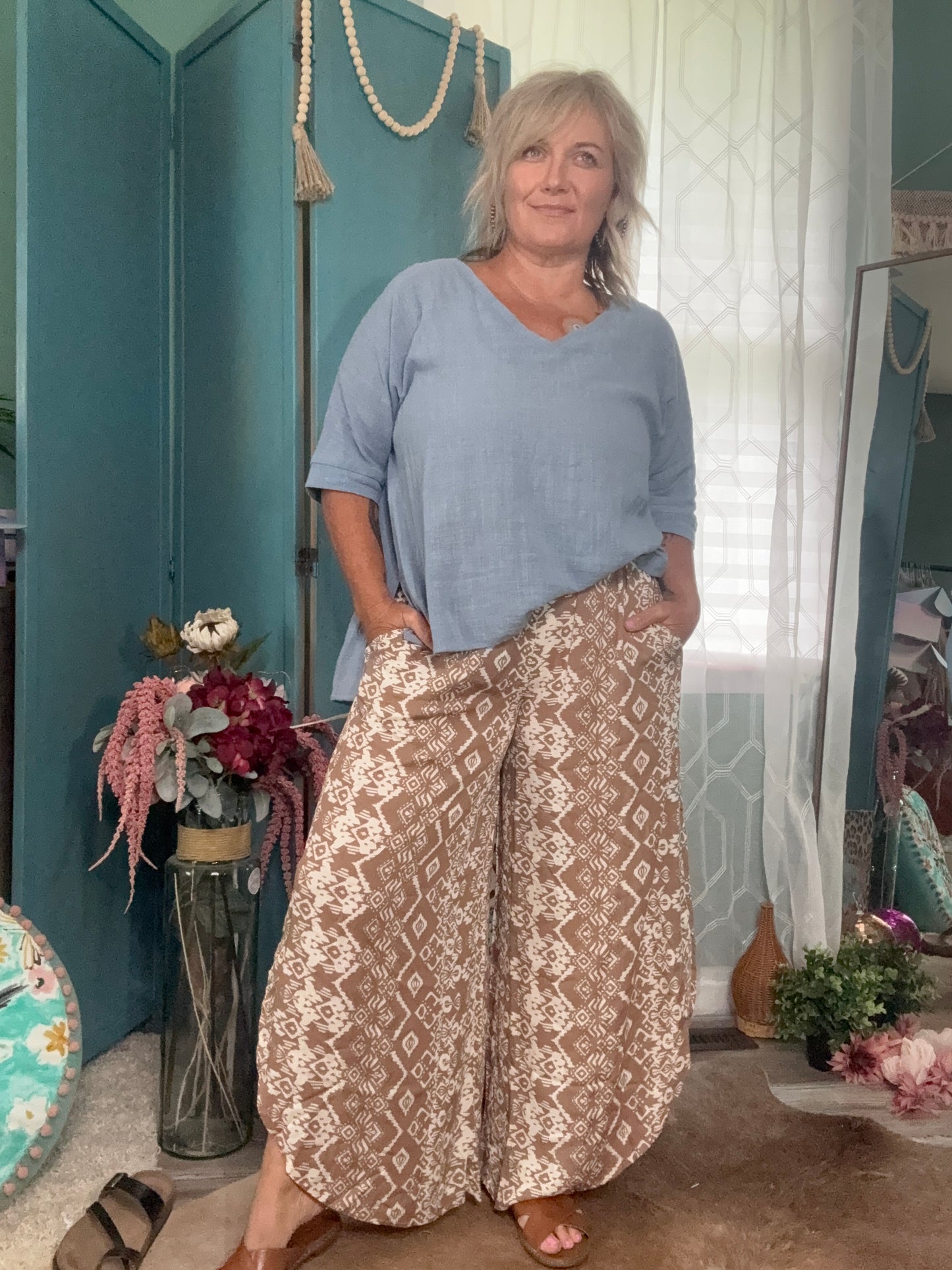Wander & Flow Mocha Geo Print Gauze Pants – Wide Leg Fit