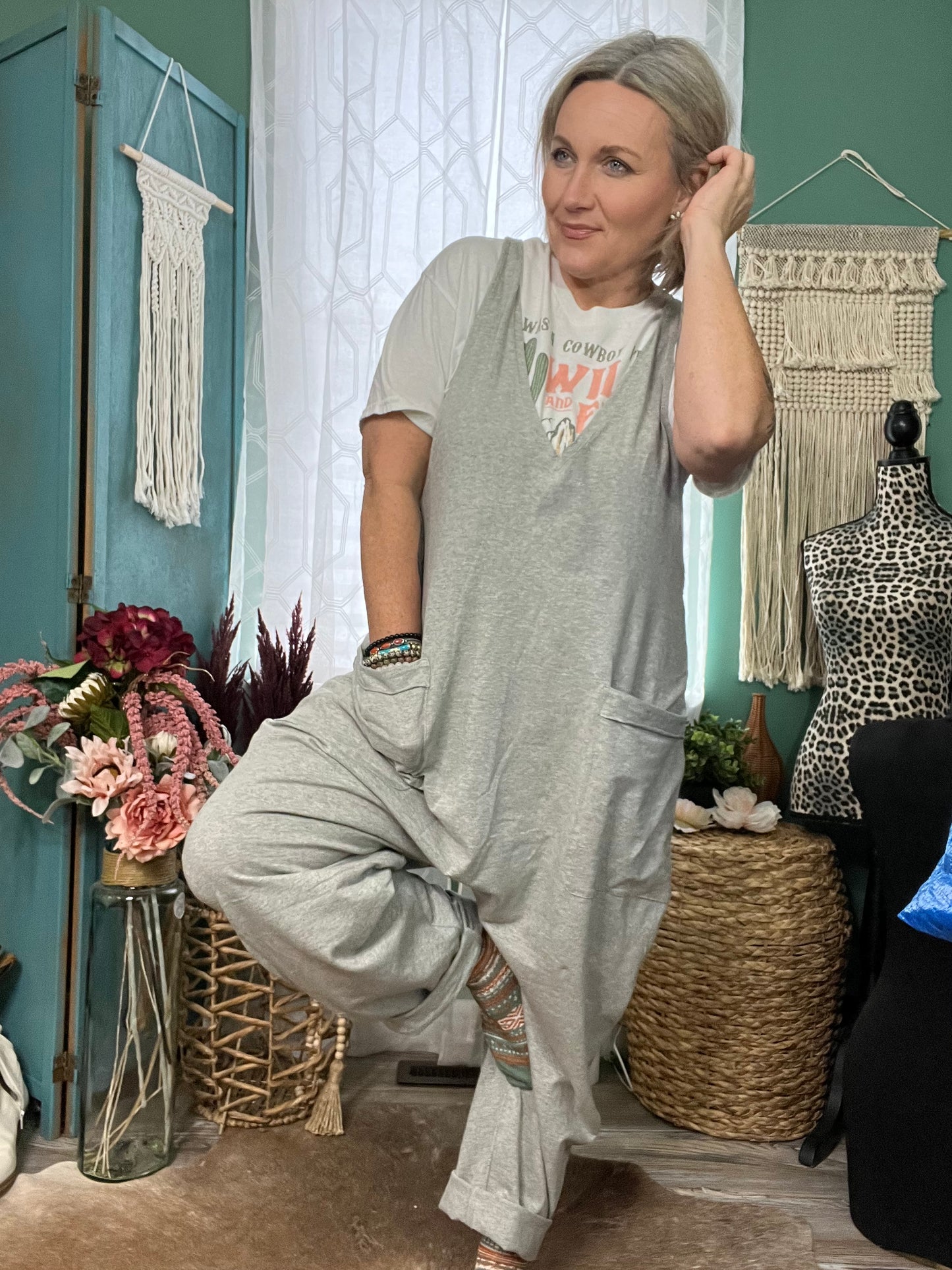 Gray Loose Knit Baggy Jumpsuit