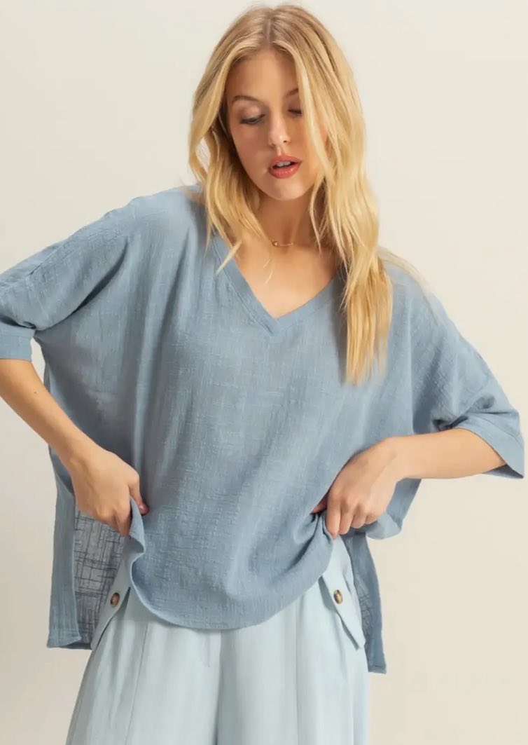 Soft Skies Powder Blue V-Neck – Relaxed Fit & Linen Texture