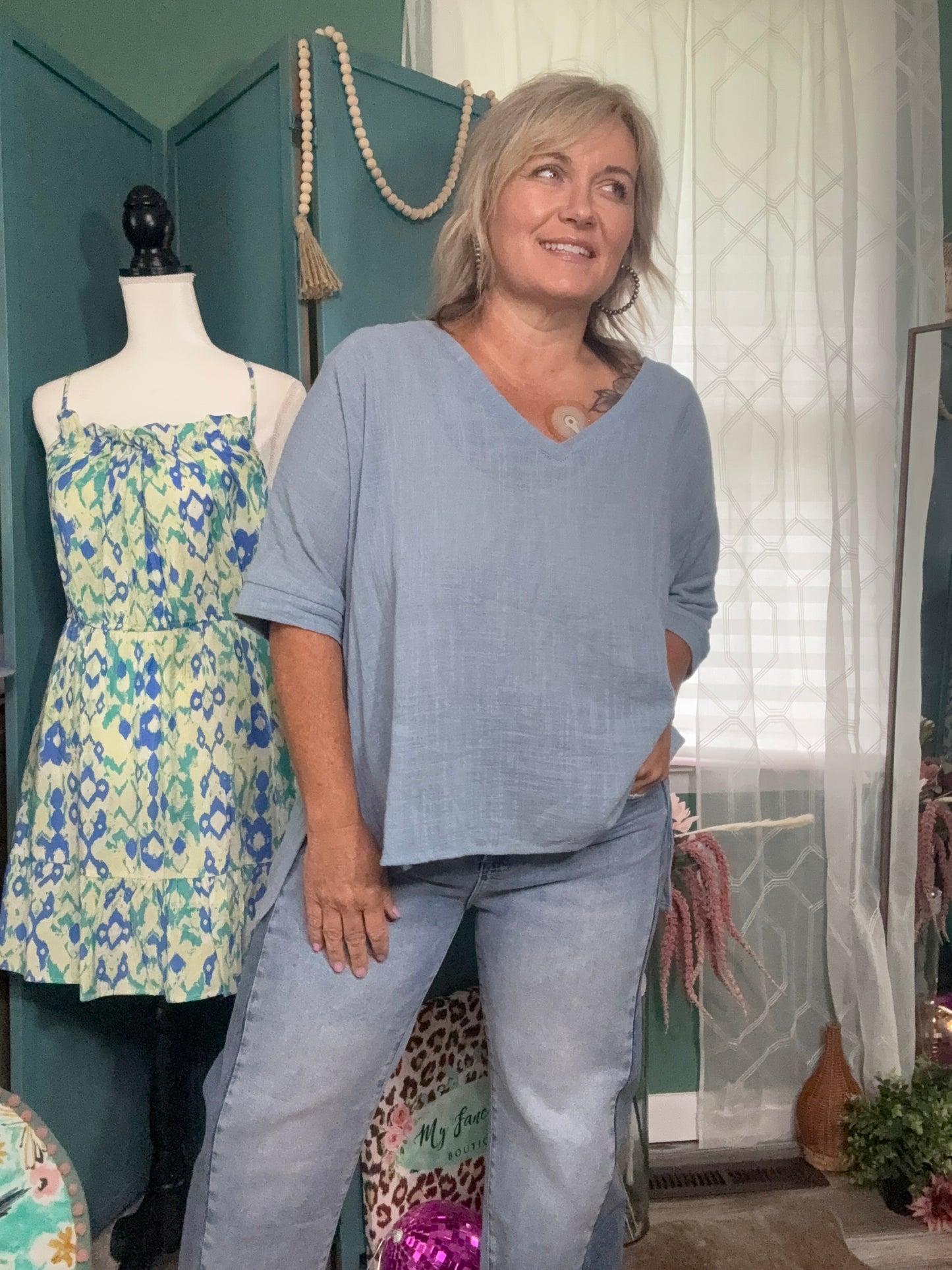 Soft Skies Powder Blue V-Neck – Relaxed Fit & Linen Texture