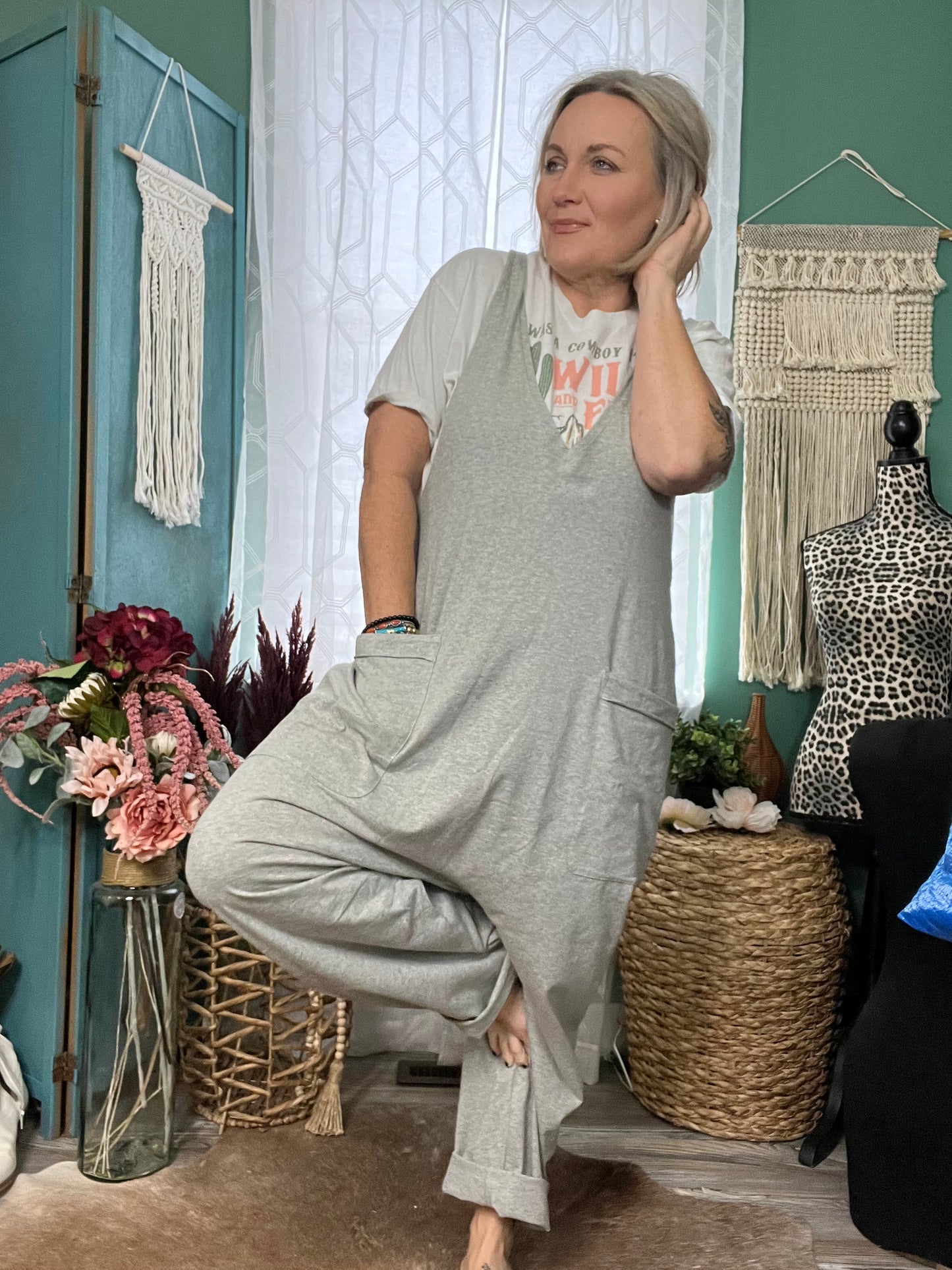 Gray Loose Knit Baggy Jumpsuit