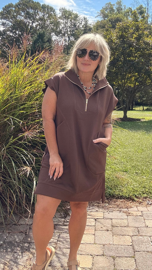 Off Duty Luxe – Brown Textured Knit Jacquard Quarter Zip Mini Dress