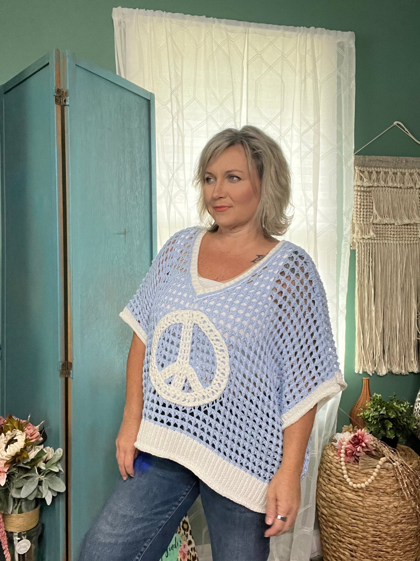 POL Peace in Blue Skies Crochet Sweater