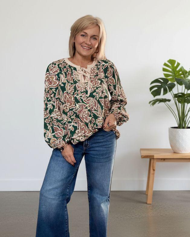 Boho Floral Pintuck Blouse with Cream Tie Neckline – Rayon Long Sleeve