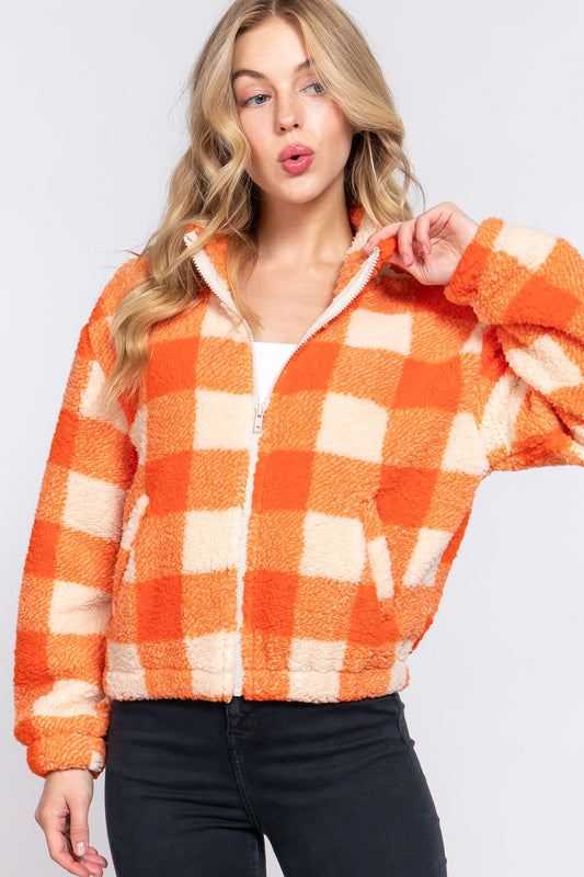 Buffalo Check Sherpa Jacket – Orange & White | Limited Edition Fall Favorite