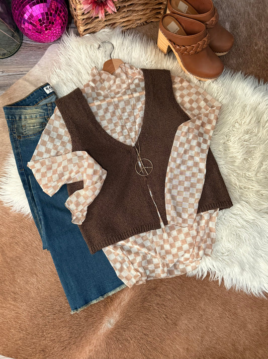 Rustic Charm – Brown Hook & Eye Knit Sweater Vest