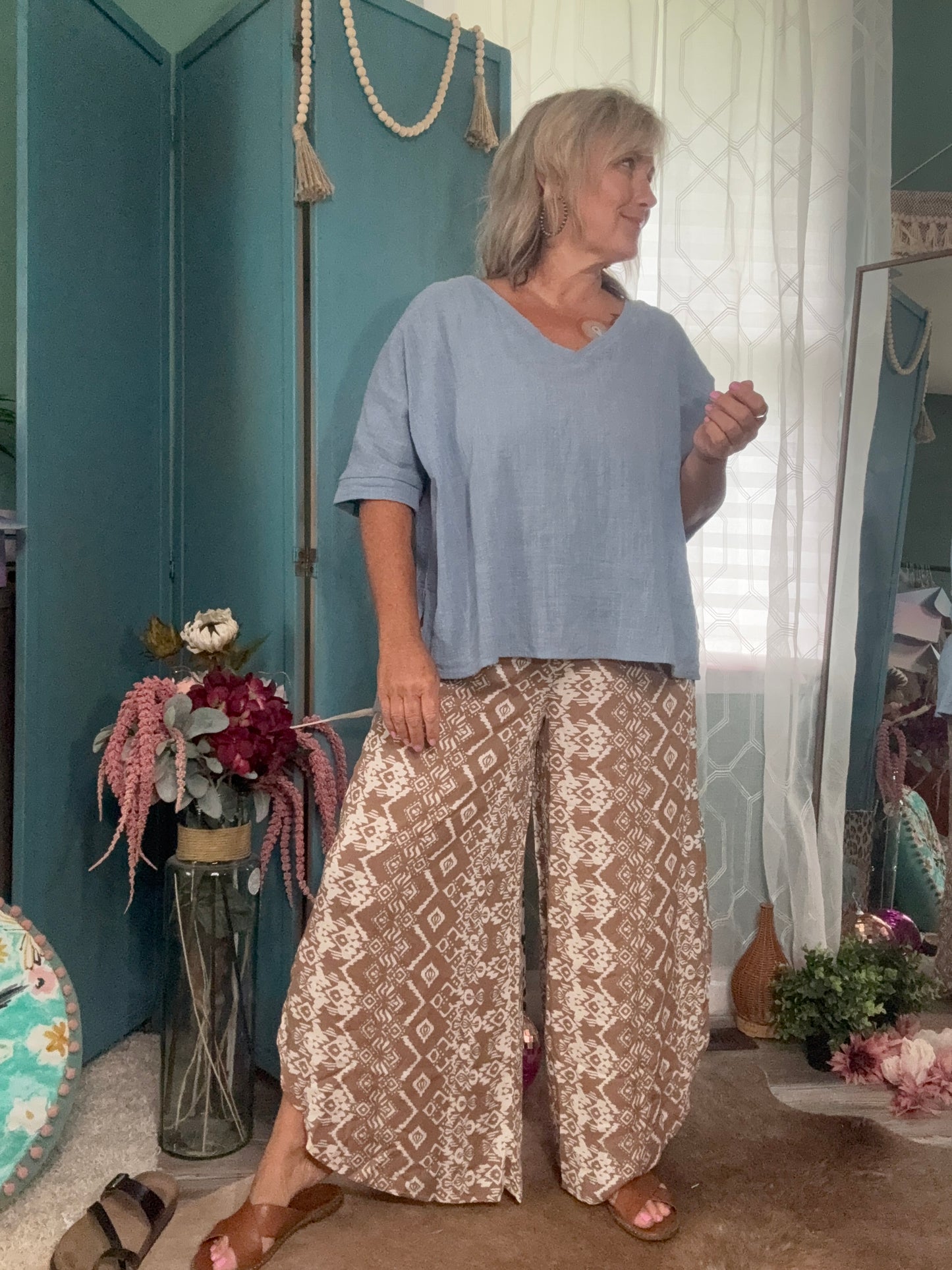 Wander & Flow Mocha Geo Print Gauze Pants – Wide Leg Fit