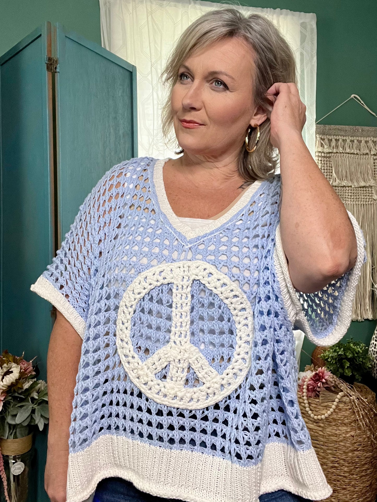 POL Peace in Blue Skies Crochet Sweater
