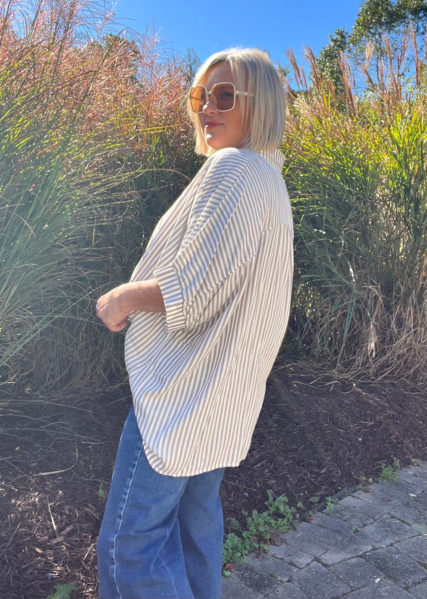 Frenchy Taupe striped button up top