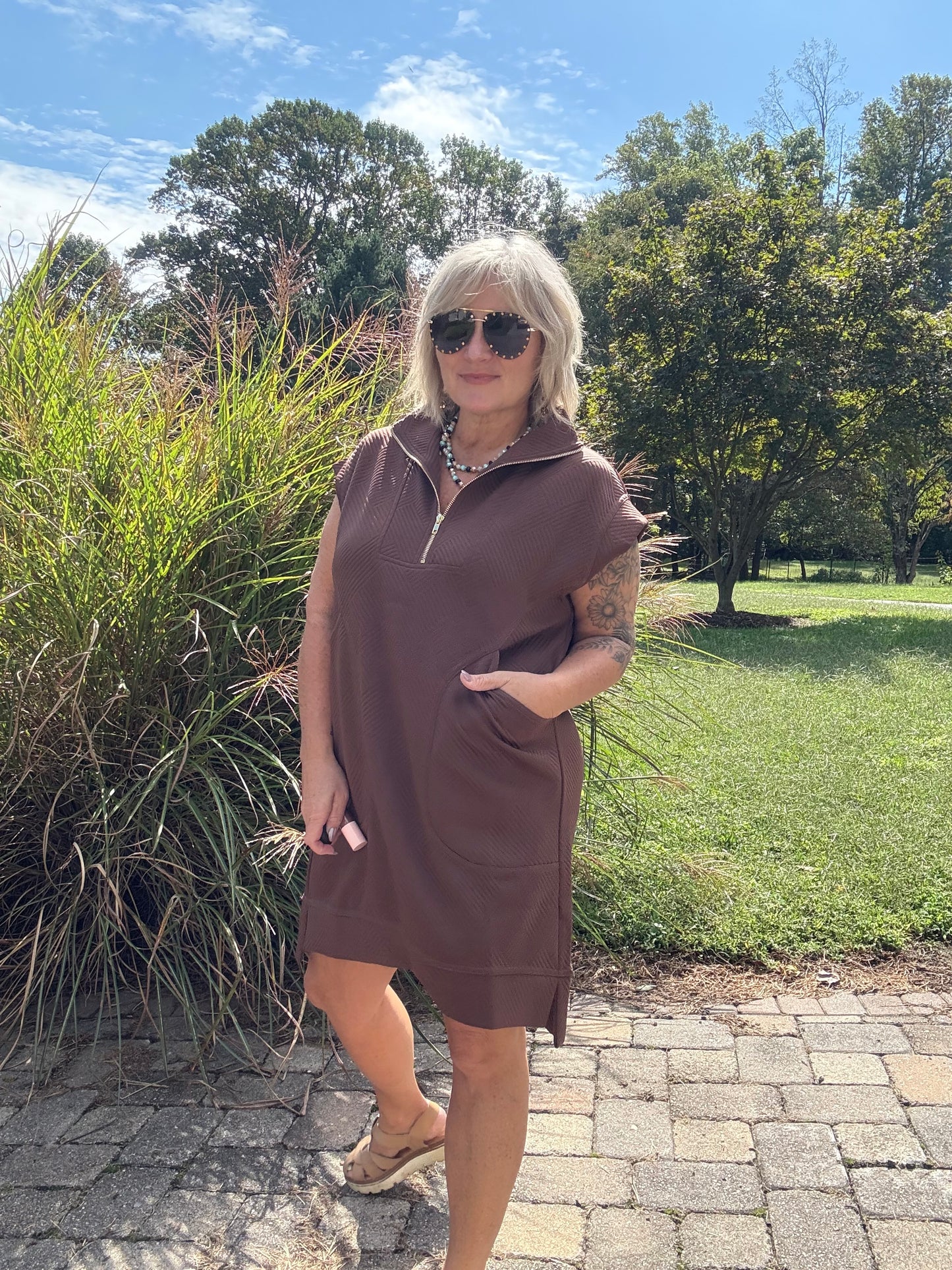 Off Duty Luxe – Brown Textured Knit Jacquard Quarter Zip Mini Dress