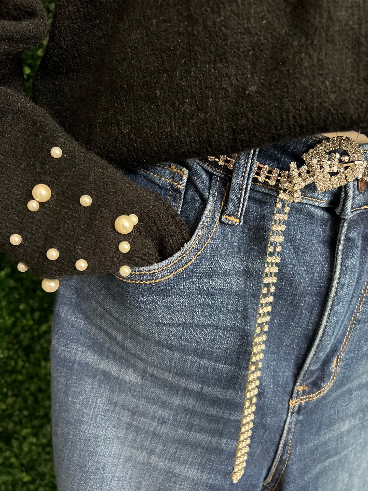 Pearl beaded embellished black sweater