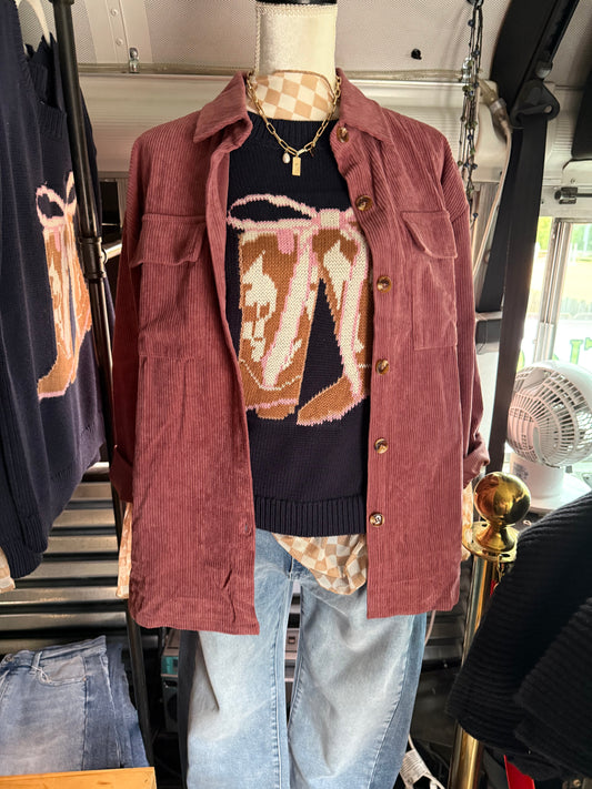 Boots and Bows Navy short sleeve knit sweater