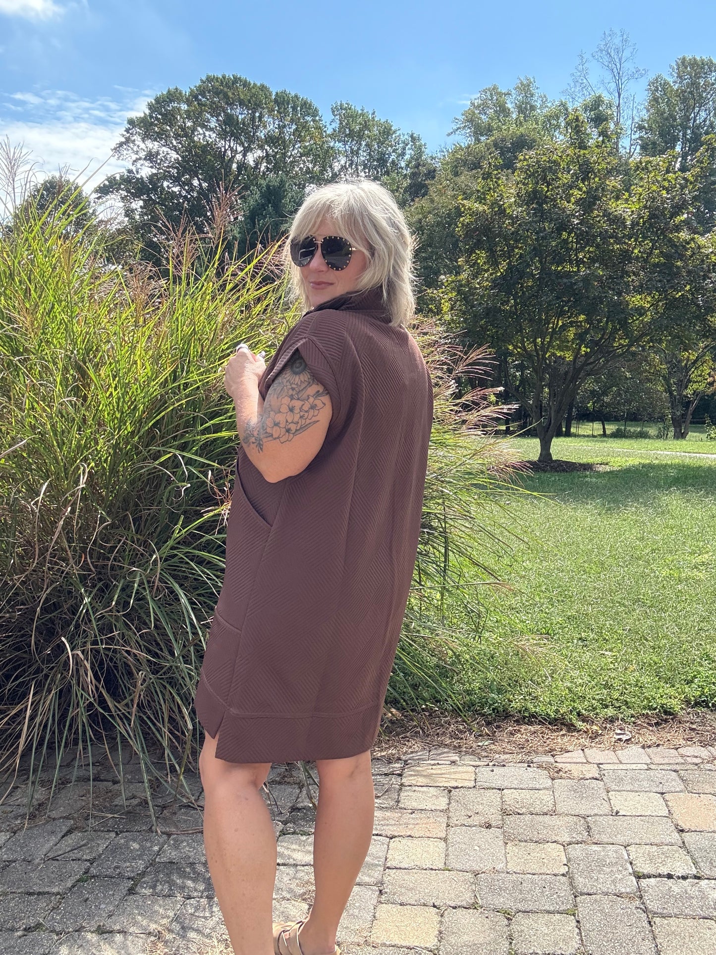 Off Duty Luxe – Brown Textured Knit Jacquard Quarter Zip Mini Dress