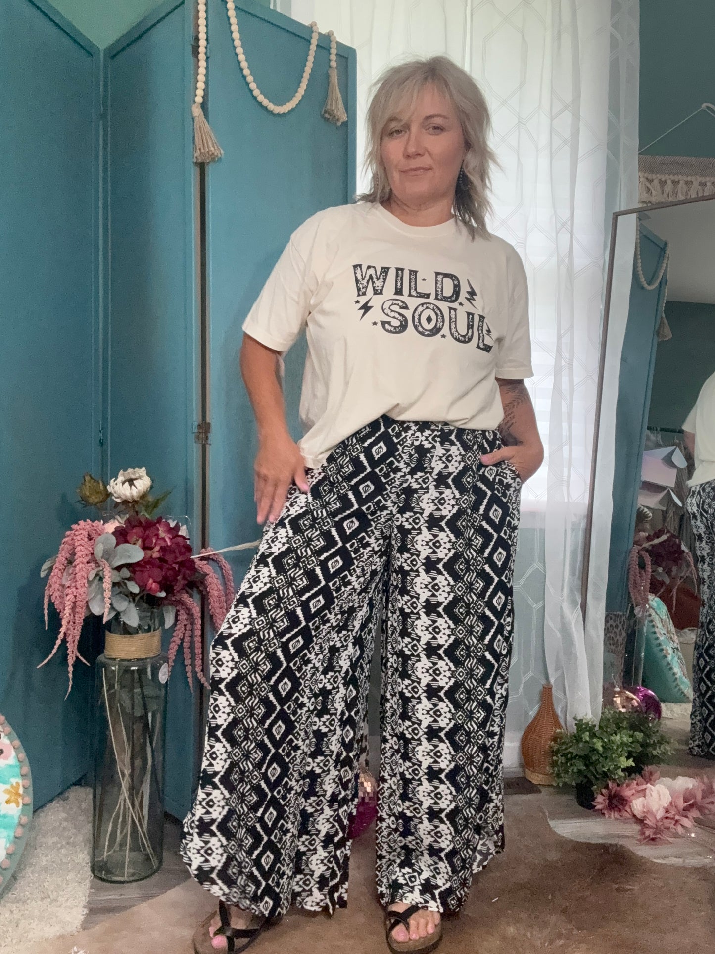 Breezy + Bold Black Geo Gauze Palazzo Pants