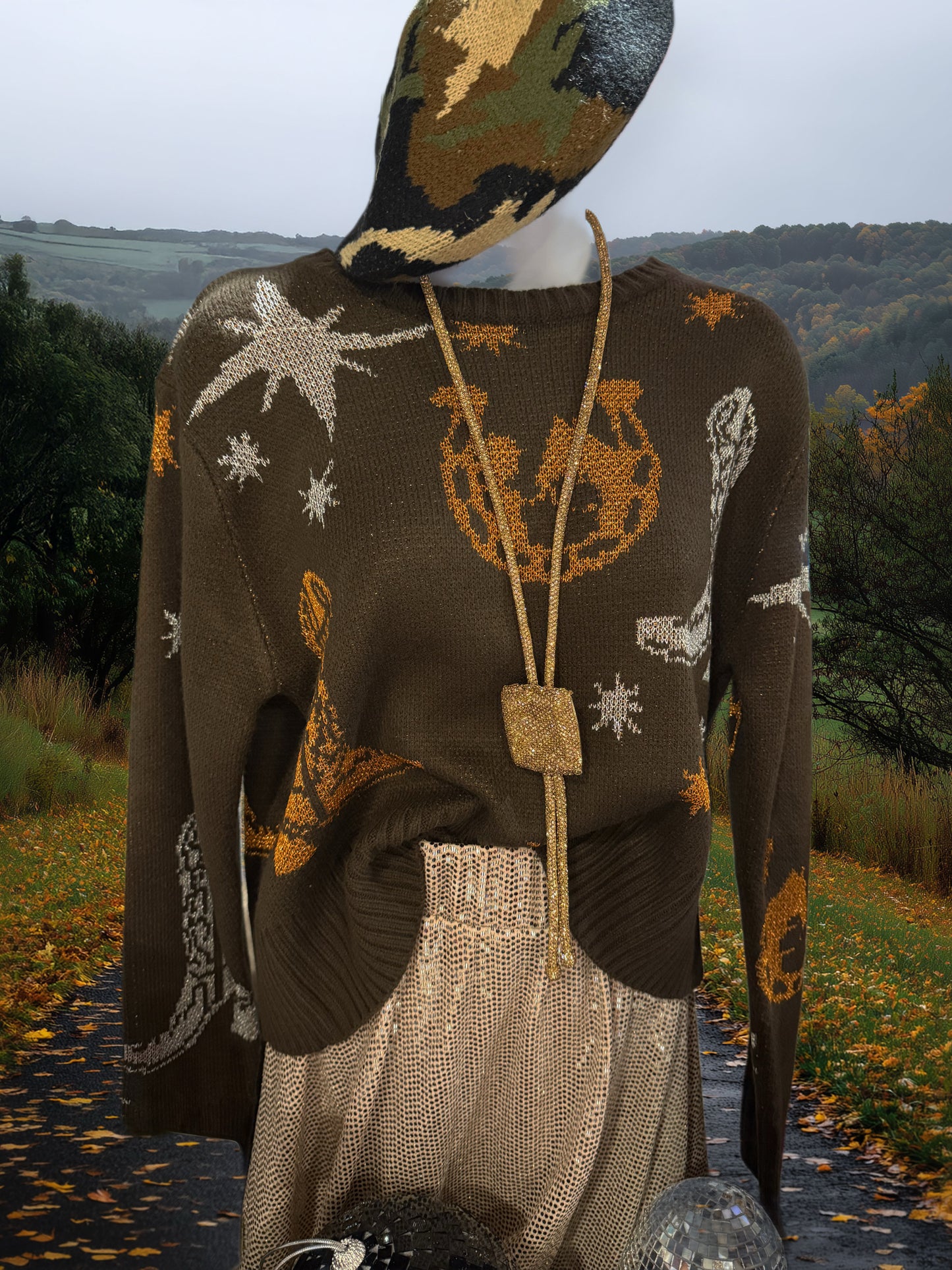 Golden West Metallic Motif Sweater – Brown