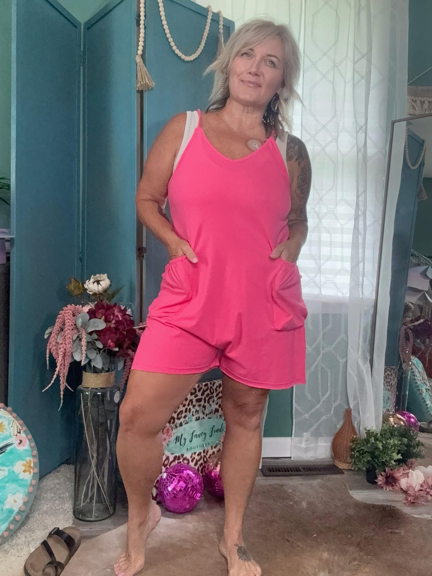 Bright Side Babe Fuchsia Romper with Pockets