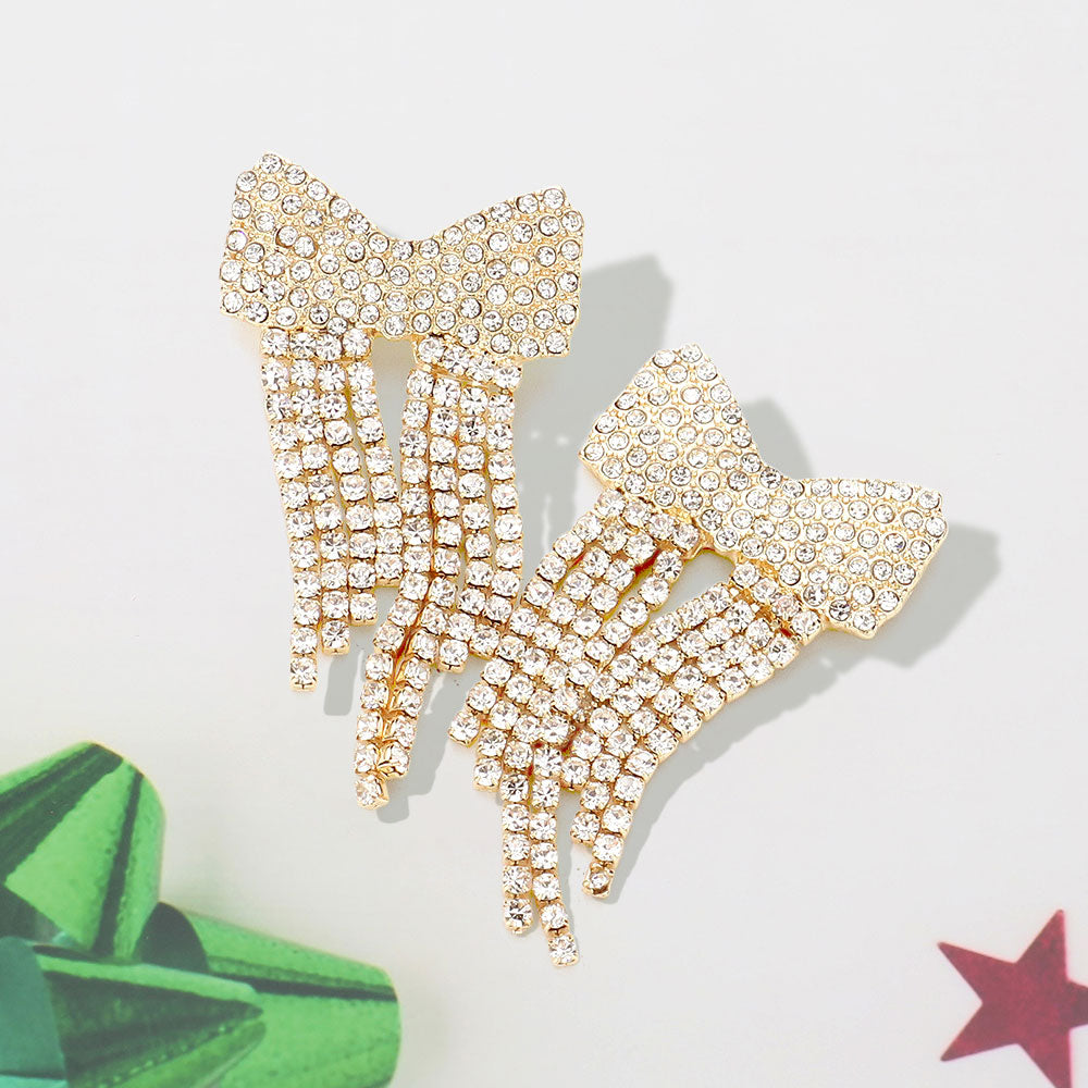Dazzle & Drape Rhinestone Bow Fringe Earrings