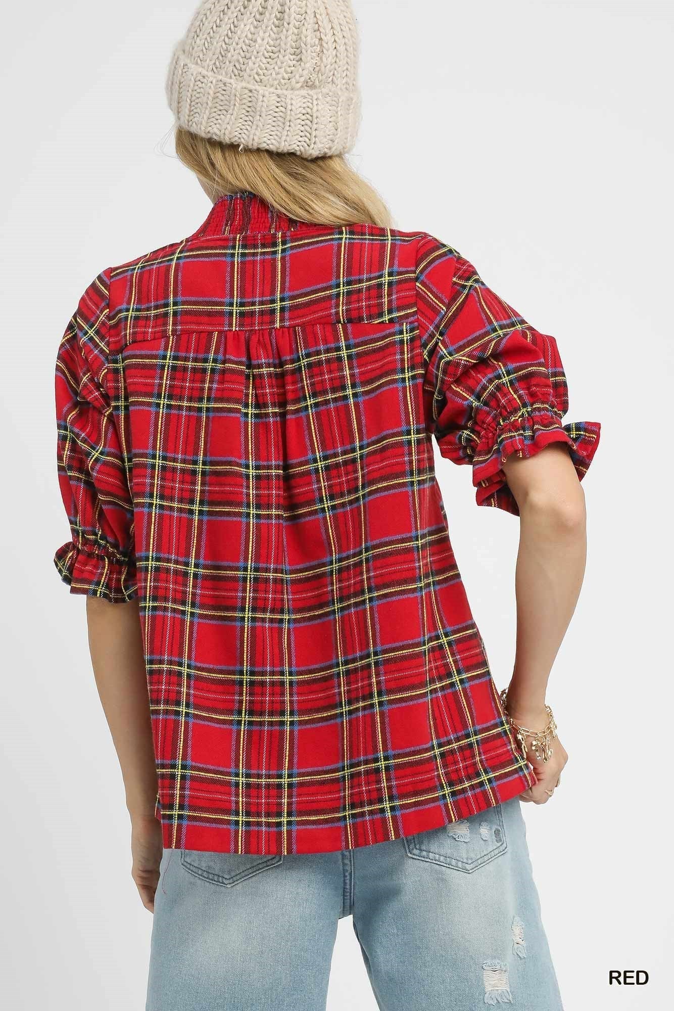 Home for the Holiday Tartan Puff Sleeve Top