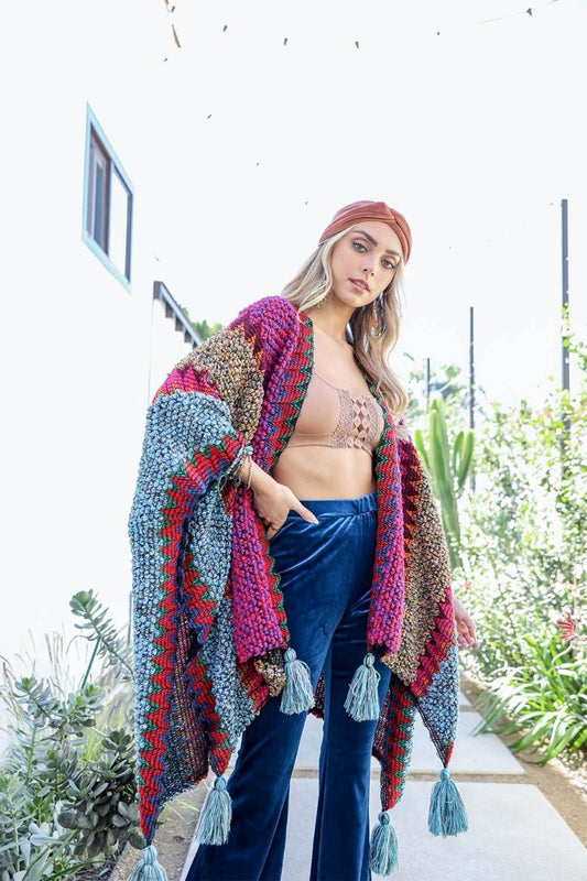 Boho Bold Crochet Knit Ruana – Cozy, Colorful & One Size Fits Most