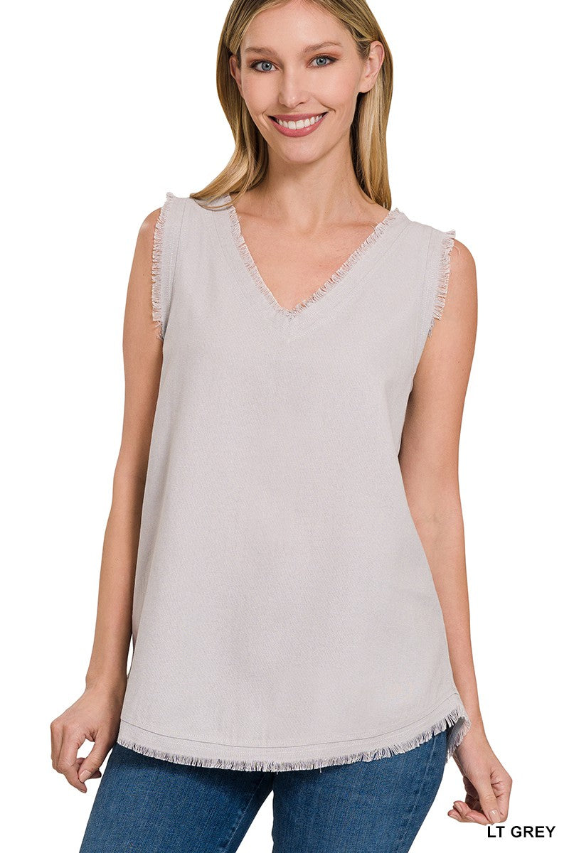 Shark Grey Linen frayed edge tank *Final Sale*