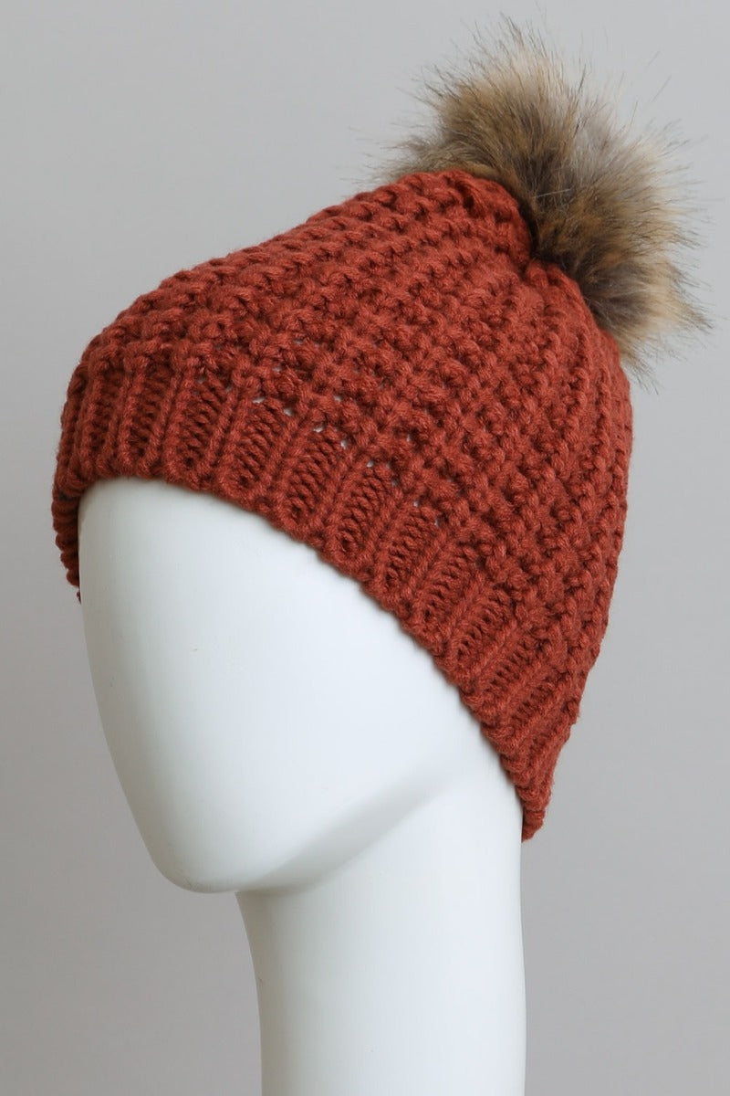 Rust Double Knit beanie with fur pom
