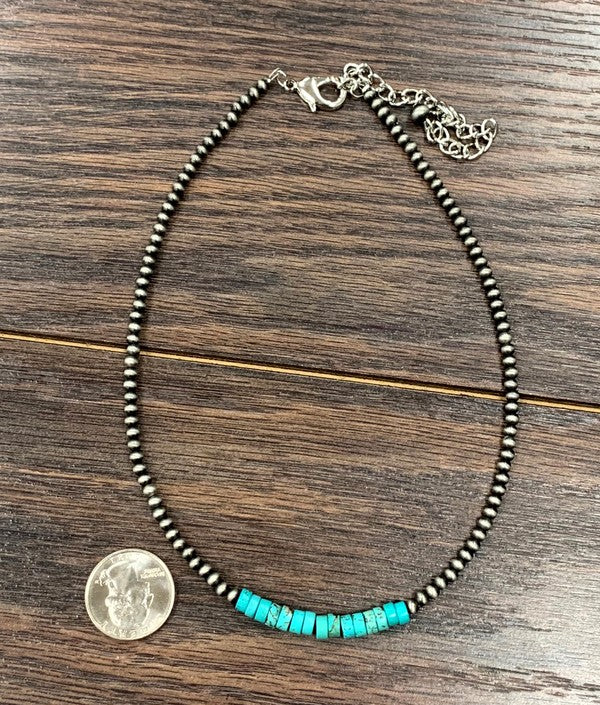 4mm Cowgirl pearl and turquoise chip necklace 15" length