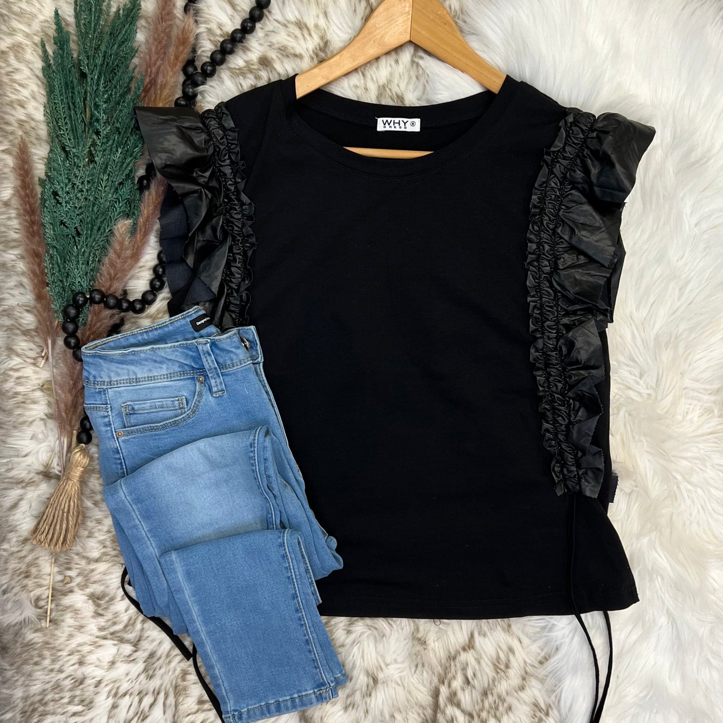 Jett black vegan ruffle top