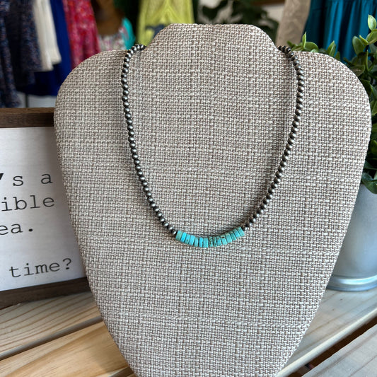 4mm Cowgirl pearl and turquoise chip necklace 15" length