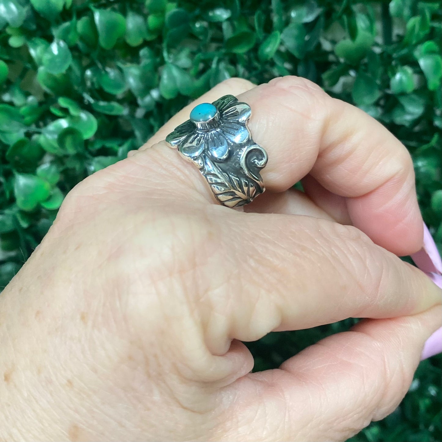 Turquoise dot flower ring sterling silver