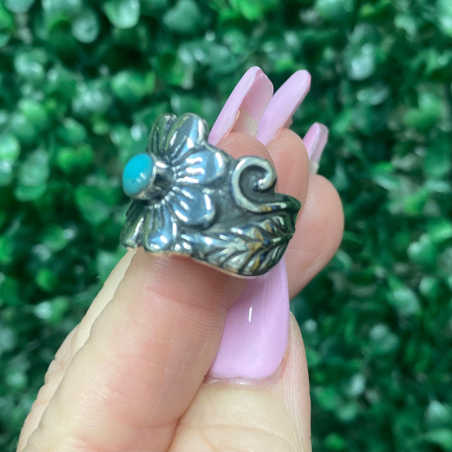 Turquoise dot flower ring sterling silver