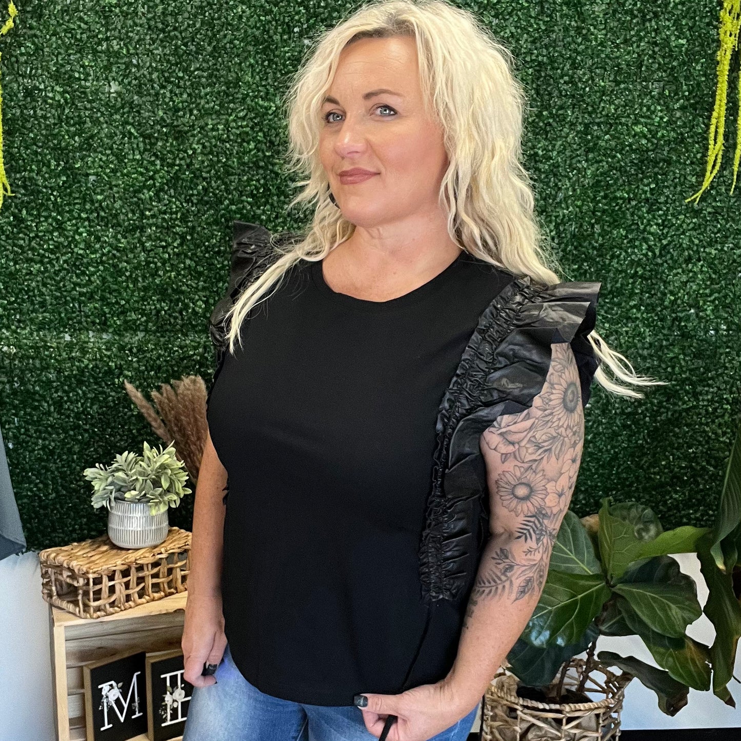 Jett black vegan ruffle top