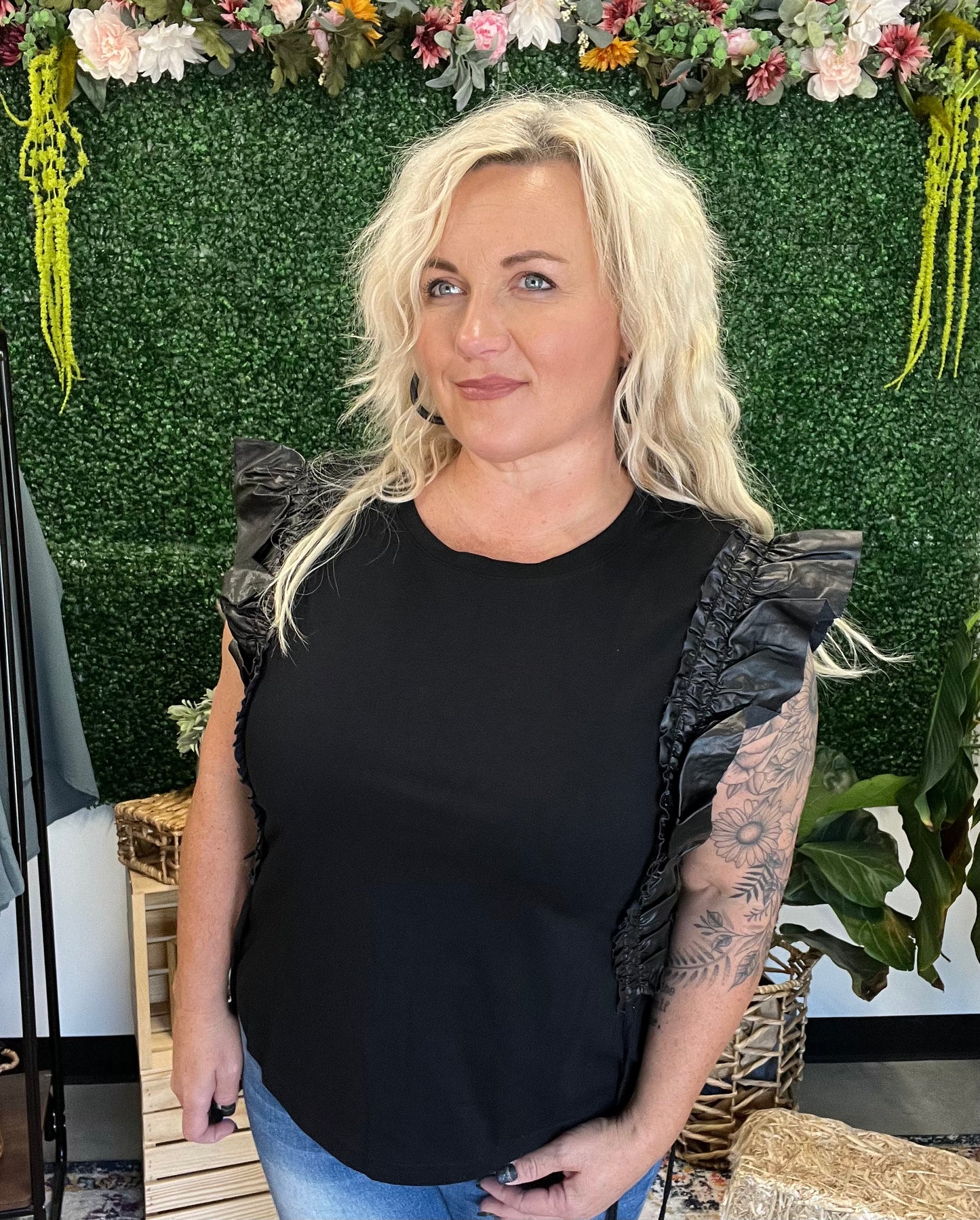 Jett black vegan ruffle top