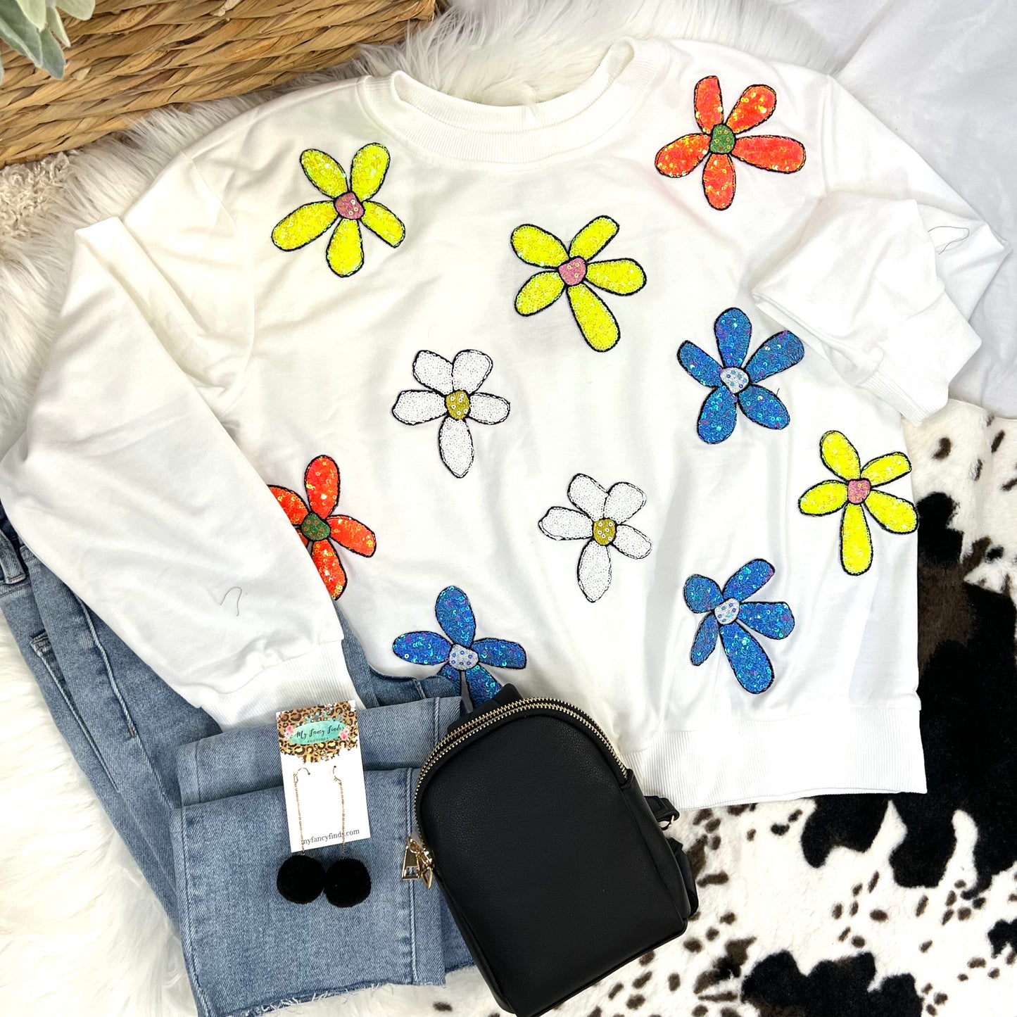 Sparkle daisy sequin crew neck