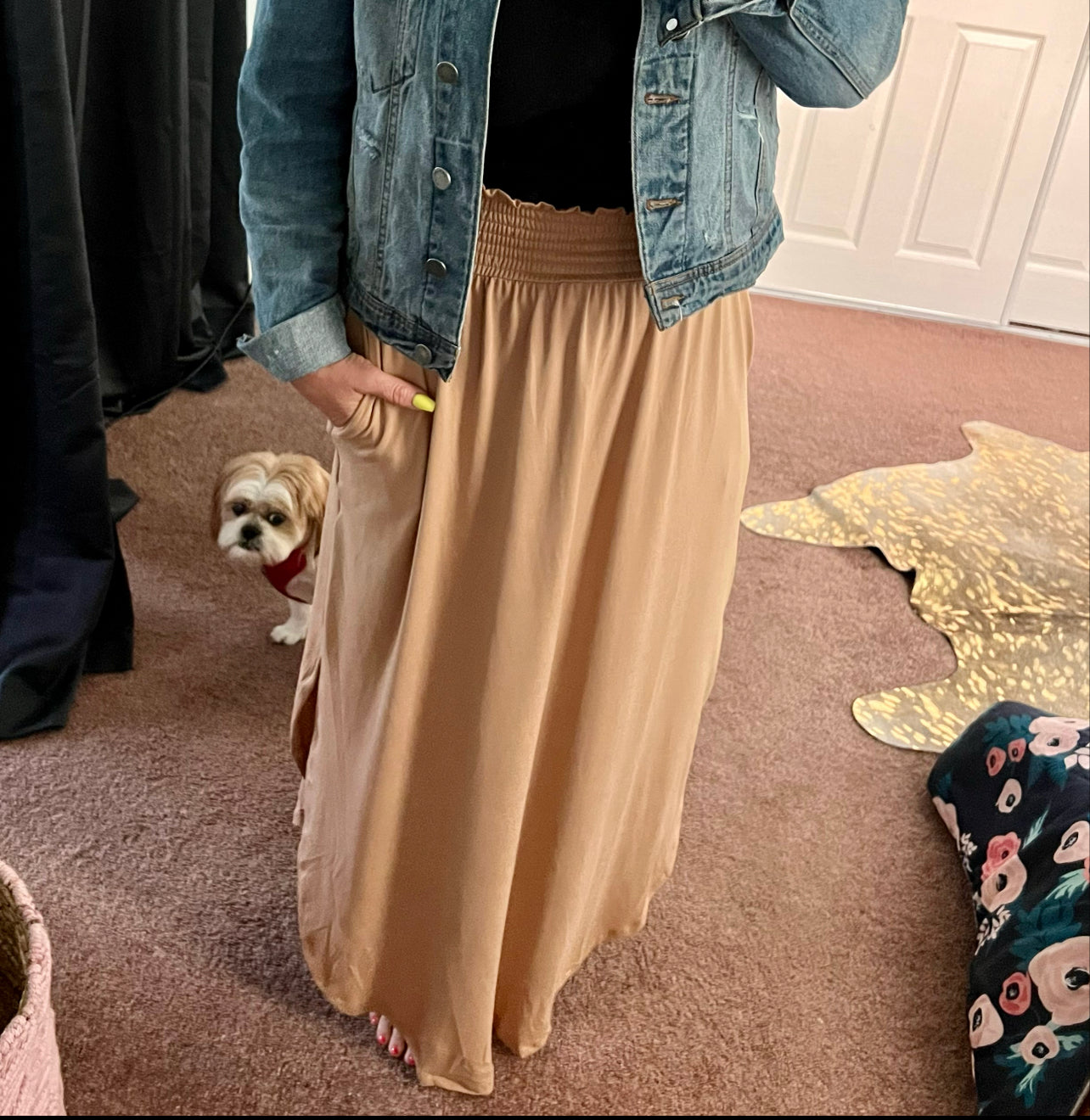 Camel smocked waist maxi skirt